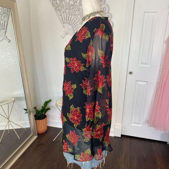 Witchy Whimsygoth Black Red Beaded Sheer Mesh 3/4 Sleeve Blouse XL Petite - Picture 6 of 8